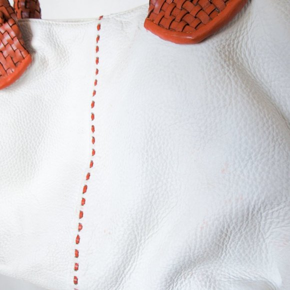 PAOLO MASI Italian Two-Tone Leather Braided Handle Pebbled White Leather/ Large - Picture 5 of 14